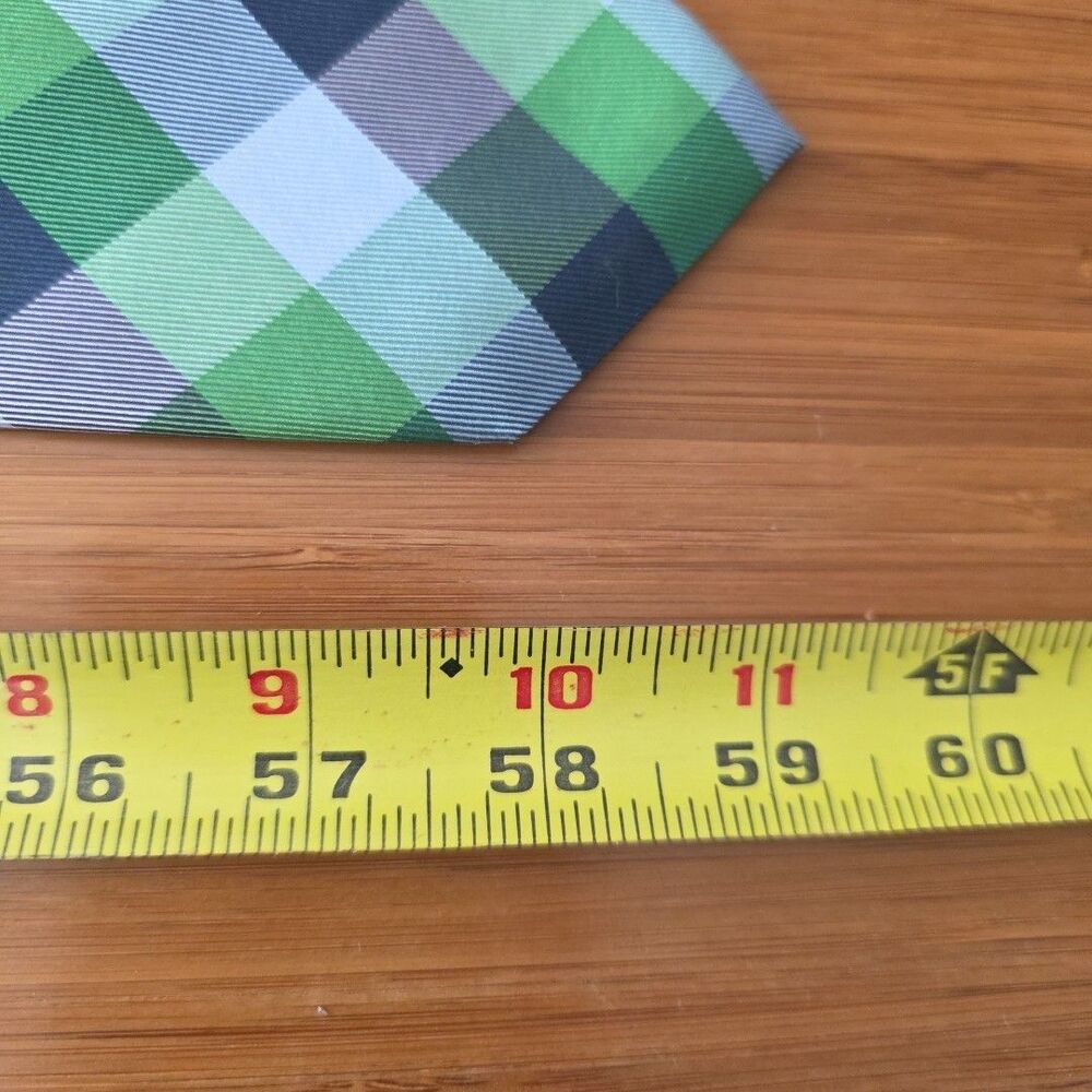 Tommy Hilfiger Mens Silk Necktie Green Blue Geometric Plaid Preppy Corp Tie - Picture 6 of 6